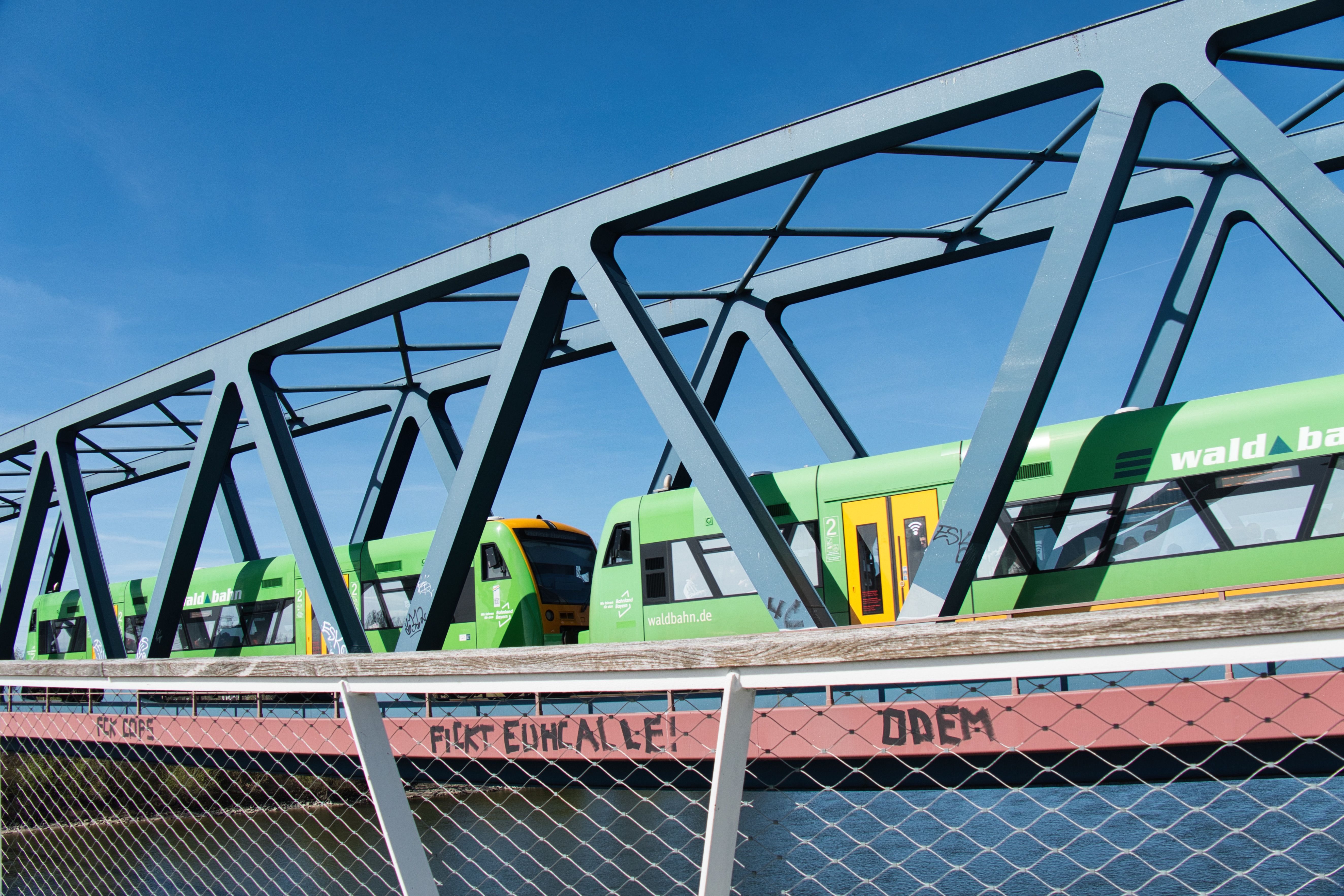 die Waldbahn auf der Bahnbrücke